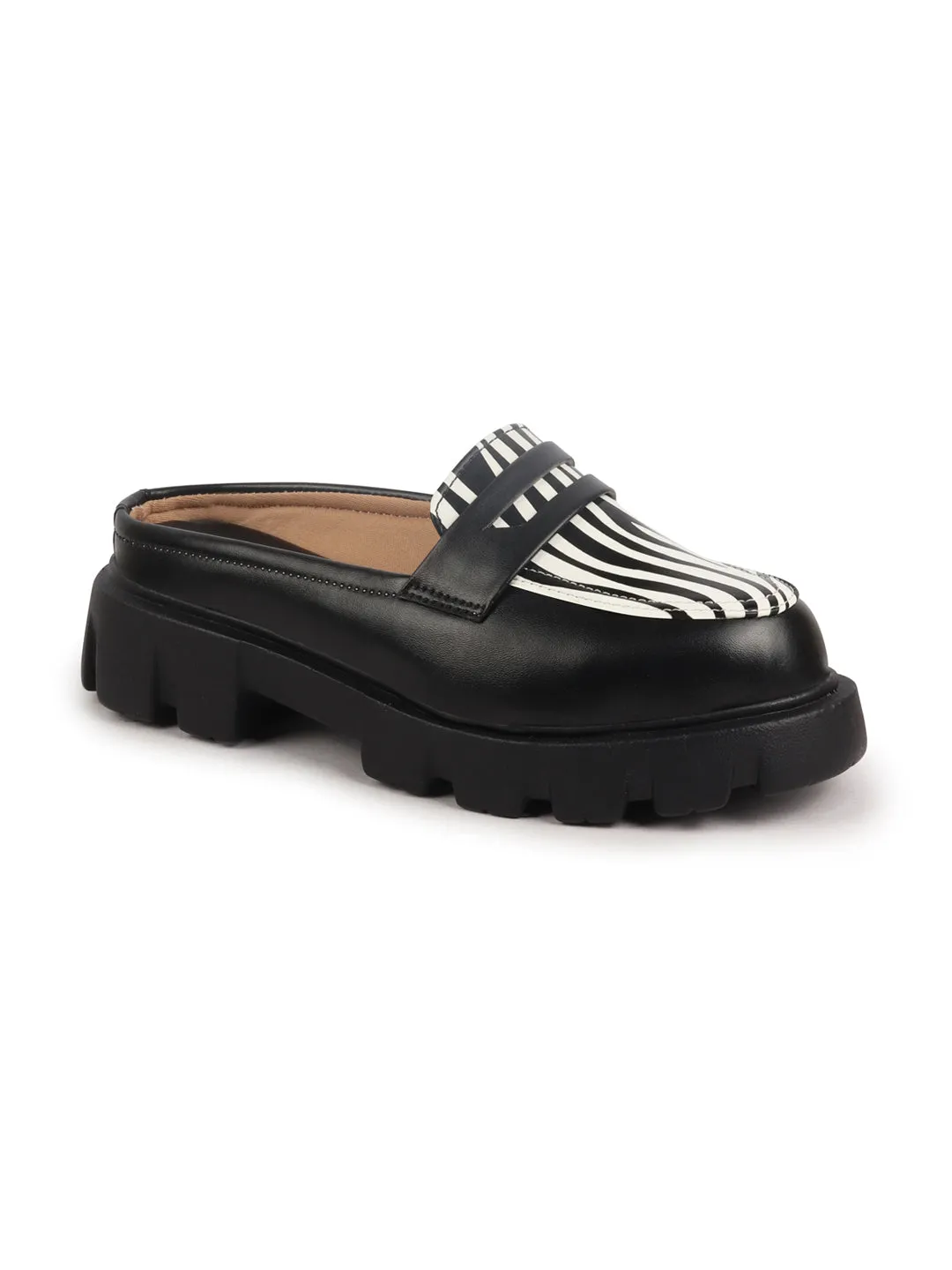 Women Black Stiched Zebra Striped Print Back Open Party Slip On Casual Shoes